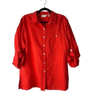 Studio Works Top Size XL Red 100% Linen Button Front Lagenlook Roll Tab Sleeve